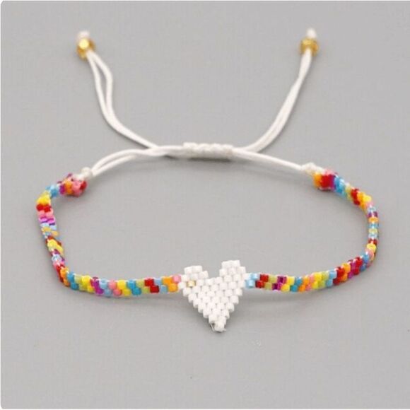 Miyuki Delica White and Rainbow Colored Heart Shaped Seed Bead Bracelet - Picture 1 of 1